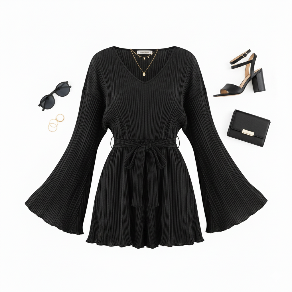 Vestido corto con caída fluida y cinturón que resalta tu silueta