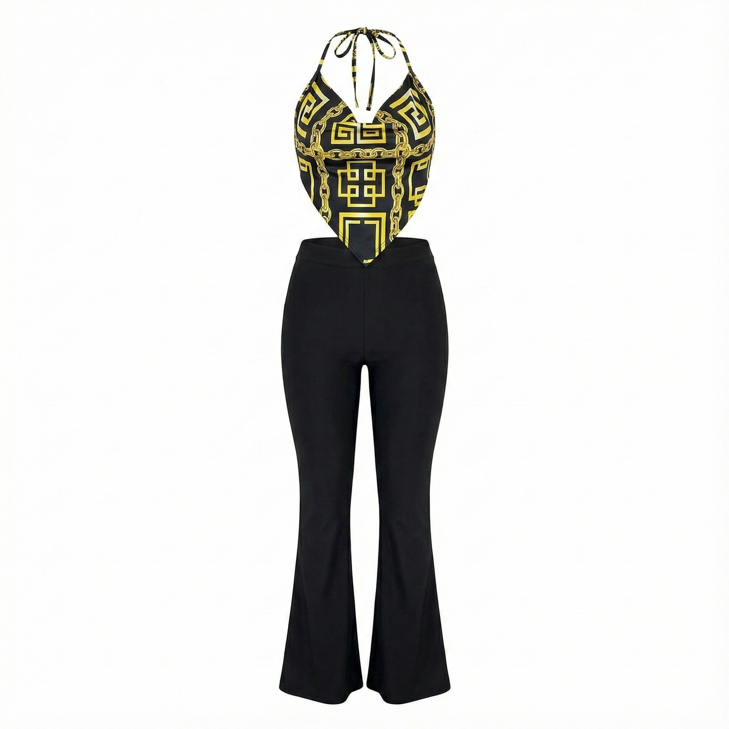 Conjunto blusa corte diamante y pantalón que realza tu figura