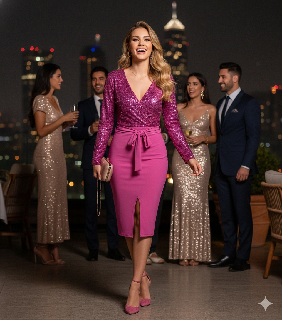 Vestido 3/4 con brillo que enmarca tu cintura y deslumbra al instante