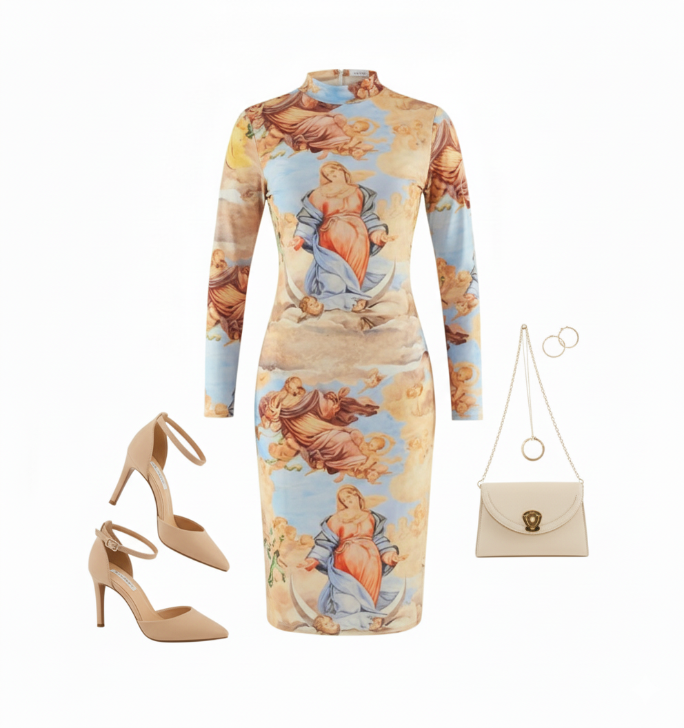 Vestido corte chanel con estampado celestial que estiliza con arte visual