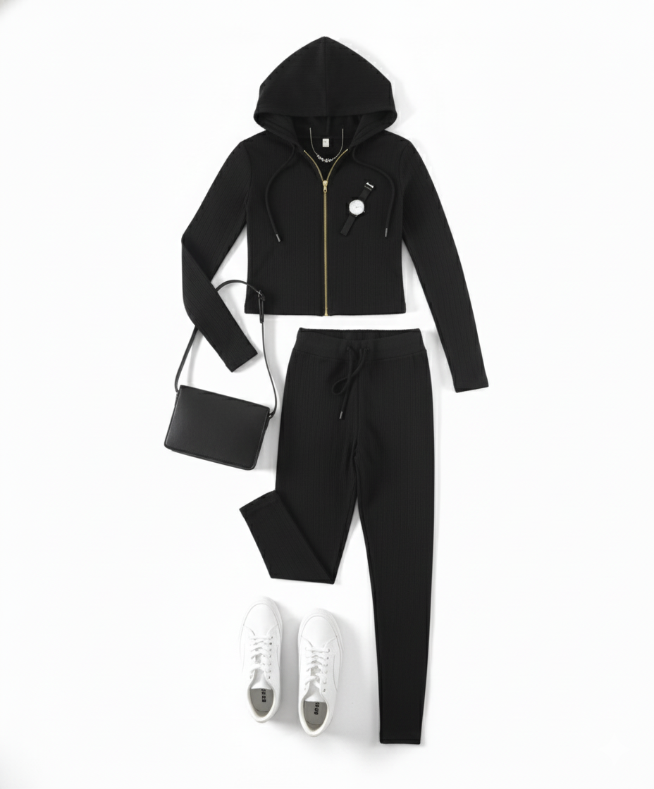 Conjunto deportivo con capucha que estiliza con fuerza visual