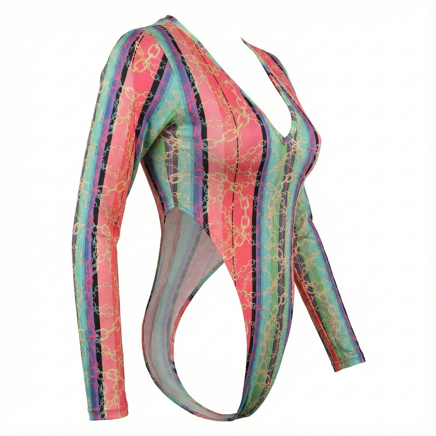 Pantyblusa brasileña de rayas multicolor con cadenas doradas y espalda descubierta