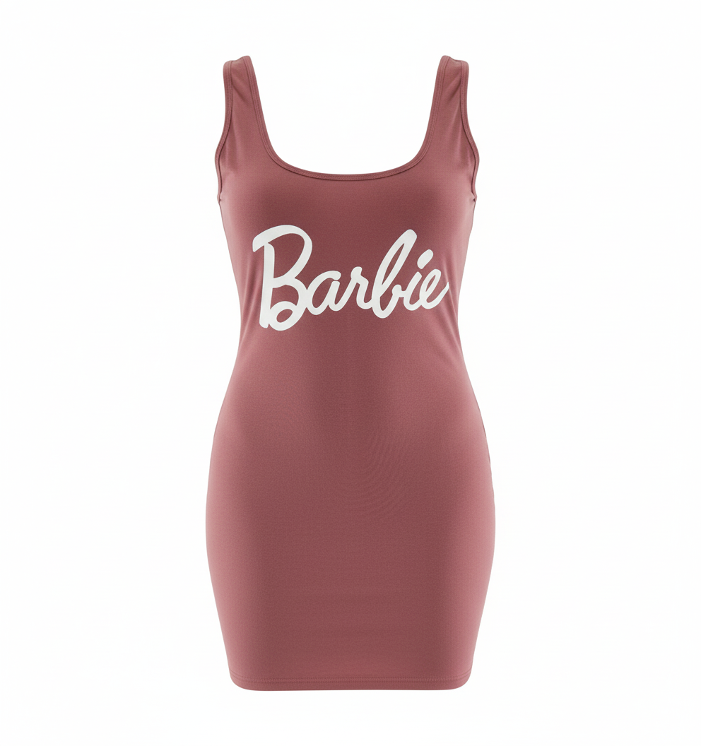Vestido corto acanalado con estampado Barbie para un look divertido y coqueto