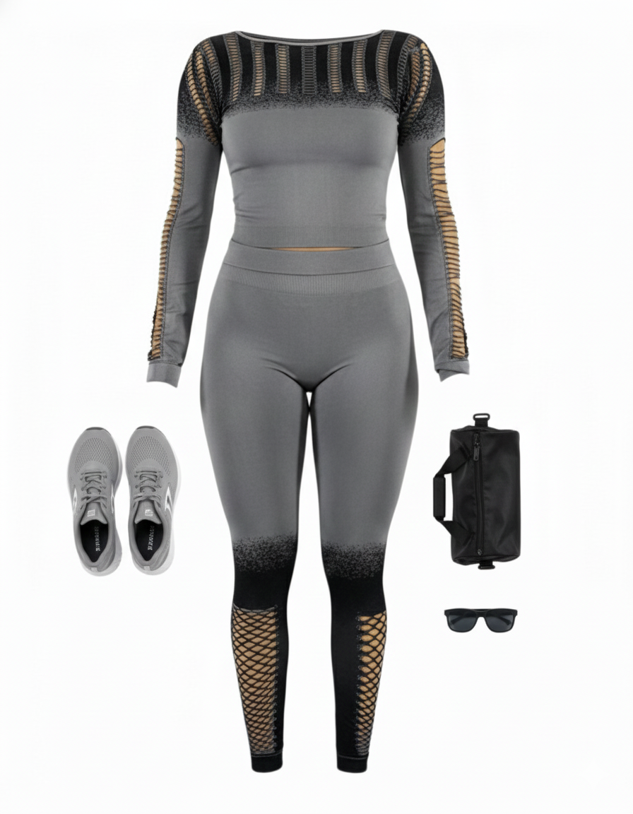 Conjunto deportivo largo con diseño calado y efecto degradado que estiliza tu silueta