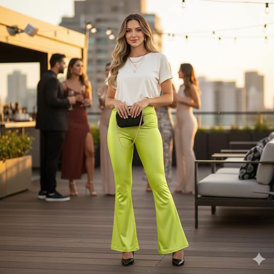 Pantalón acampanado satinado con brillo que potencia tu energía visual