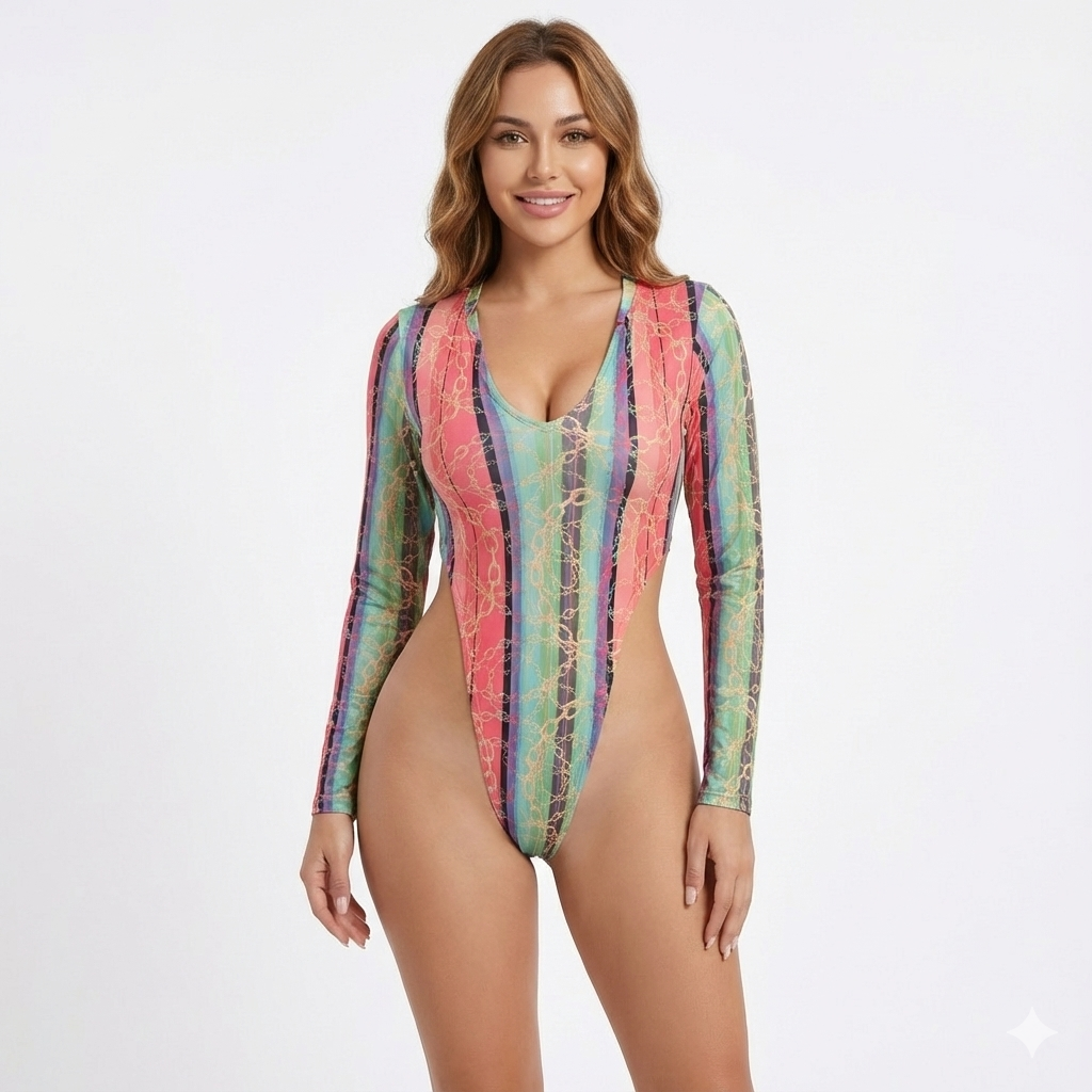 Pantyblusa brasileña de rayas multicolor con cadenas doradas y espalda descubierta