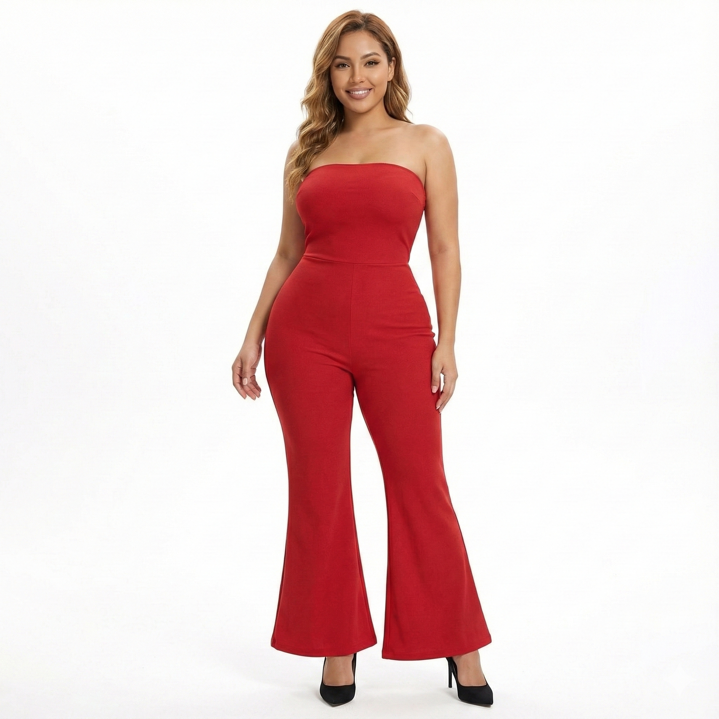 Jumpsuit palazzo strapless con caída acampanada que alarga tu silueta