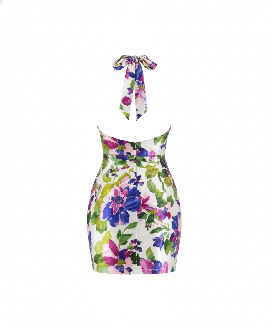Vestido corto satinado con cuello halter que resalta tu figura con flores vibrantes