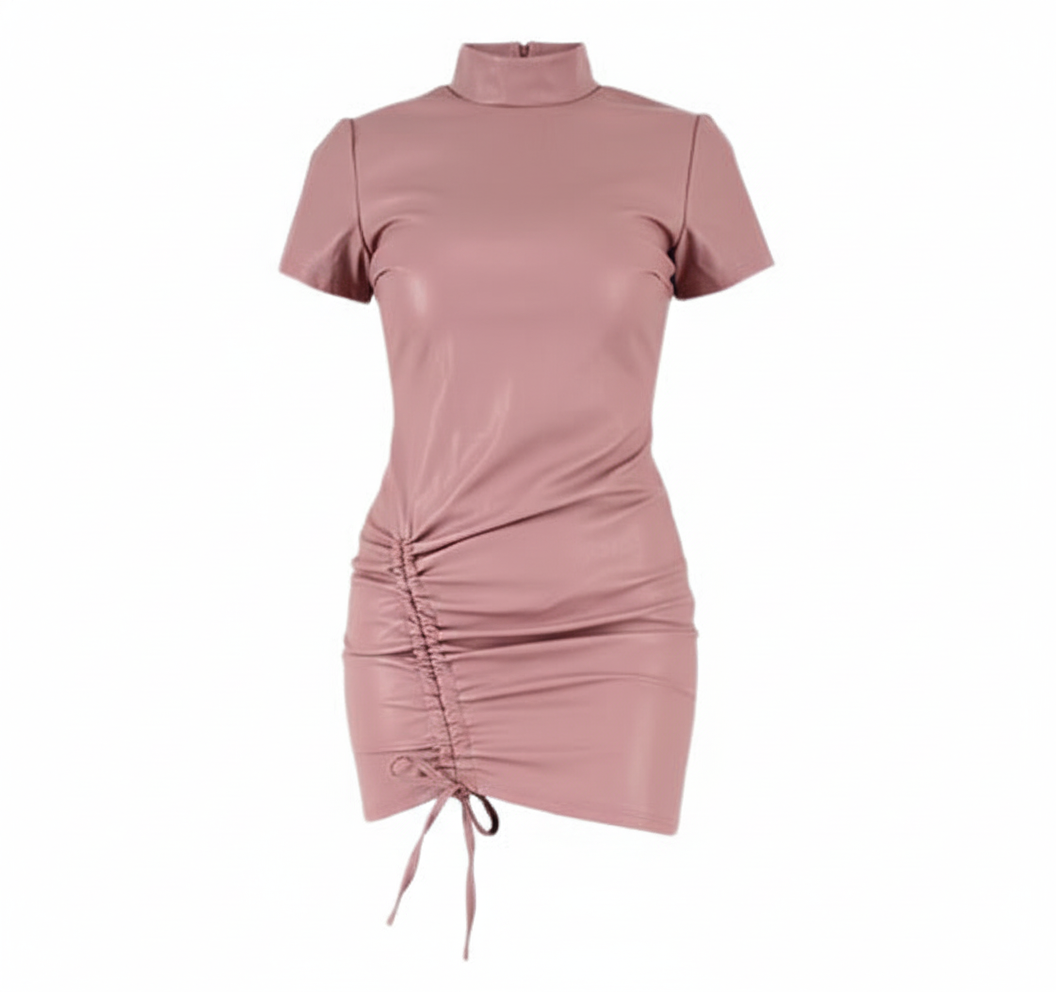 Minivestido entallado con cuello tortuga y fruncido lateral en efecto vinil