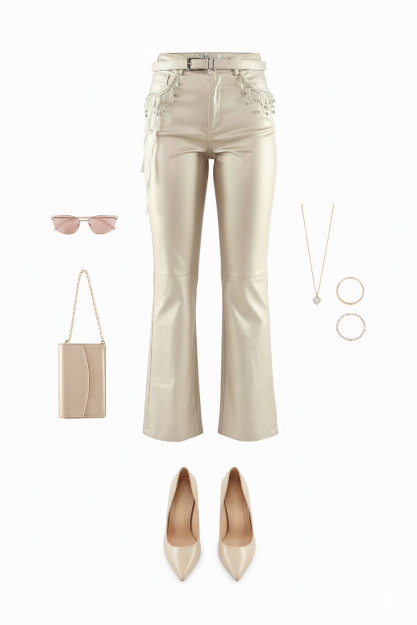 Pantalón recto satinado con brillo sutil y detalle de cadenita