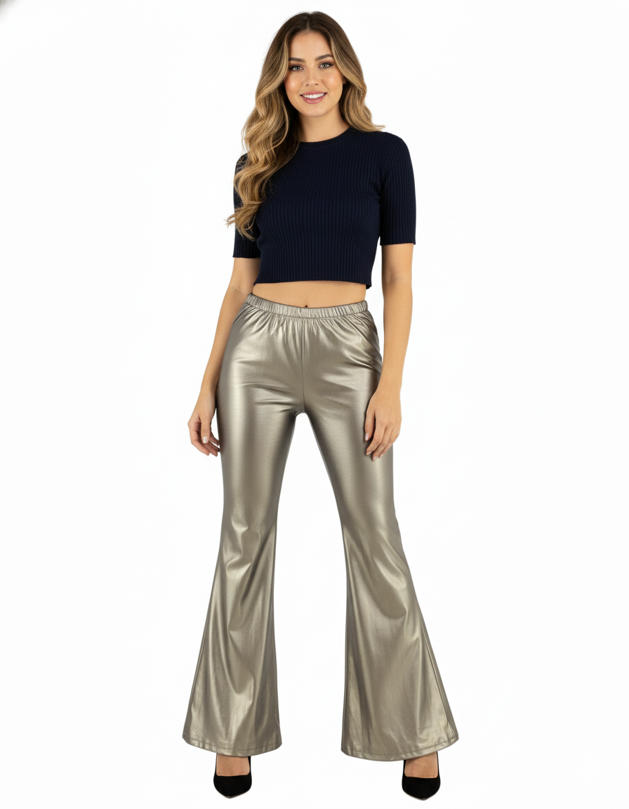 Pantalón acampanado de vinil que alarga tu figura con energía escénica