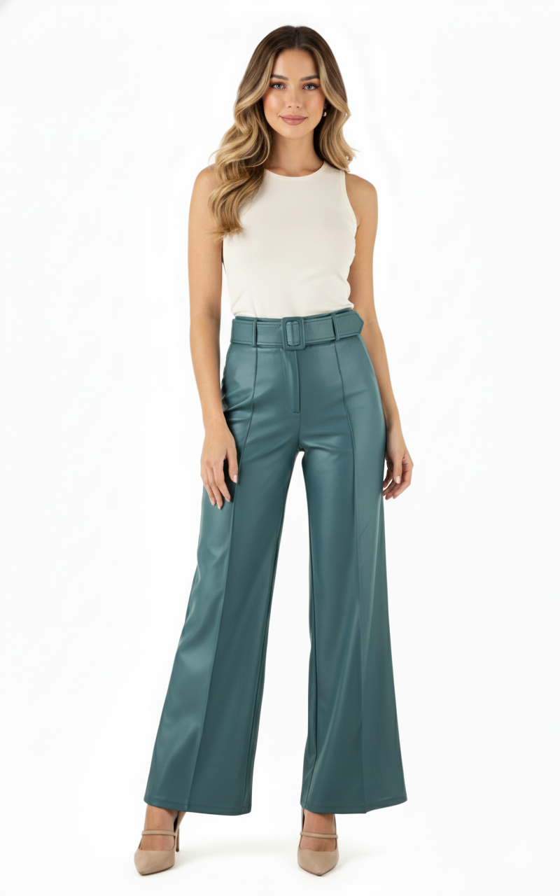 Pantalón acampanado con efecto vinilado que alarga tu silueta con estilo audaz