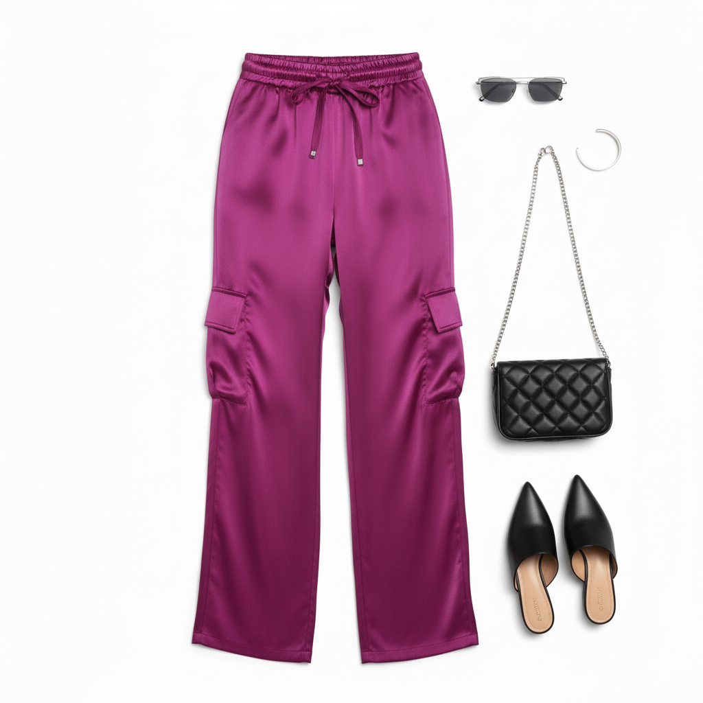 Pantalón cargo satinado con caída fluida y efecto visual vibrante