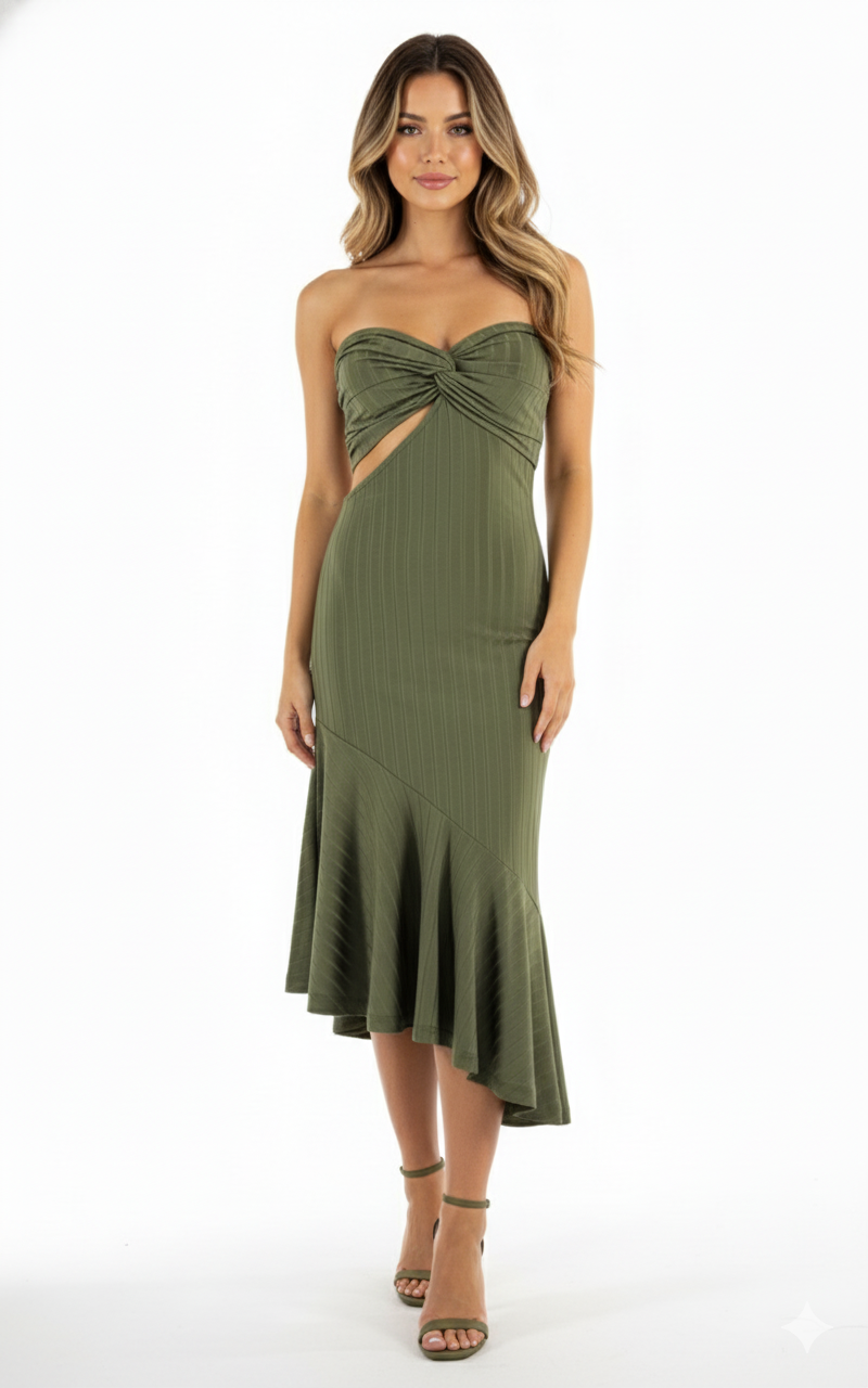 Vestido debajo de la rodilla con escote corazón que resalta tu figura con elegancia dinámica