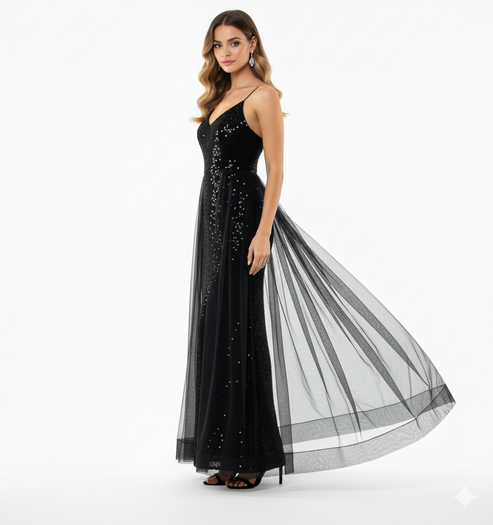 Vestido largo con escote corazón y caída de tul que realza tu elegancia