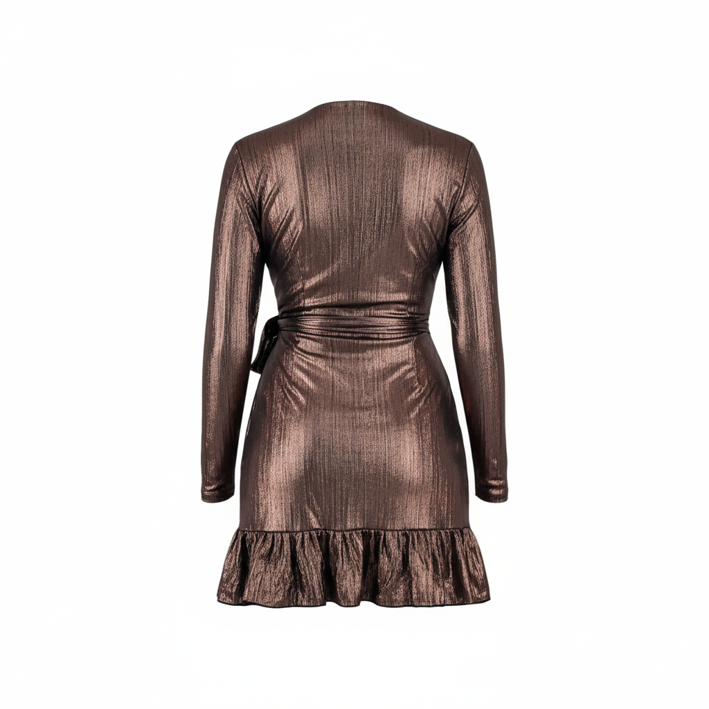 Vestido corto metálico con escote en V y olanes que realzan tu silueta