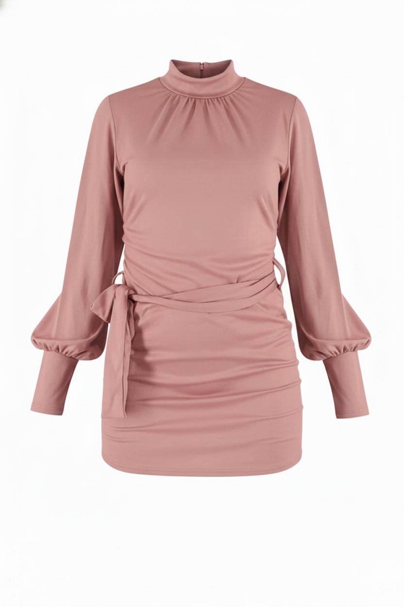 Minivestido manga bombacha que acentúa tu cintura con elegancia casual