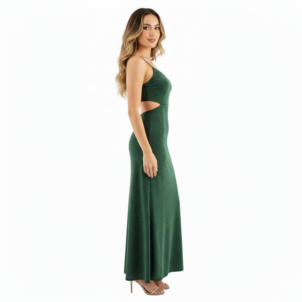 Vestido largo de tirantes con caída fluida y brillo discreto