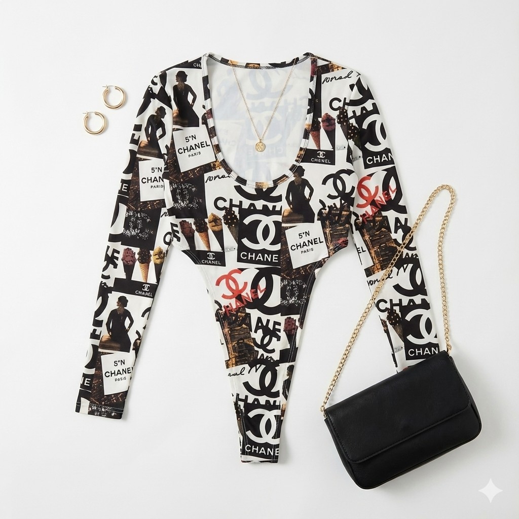 Pantyblusa brasileña estampada de impacto gráfico con manga larga y ajuste slim