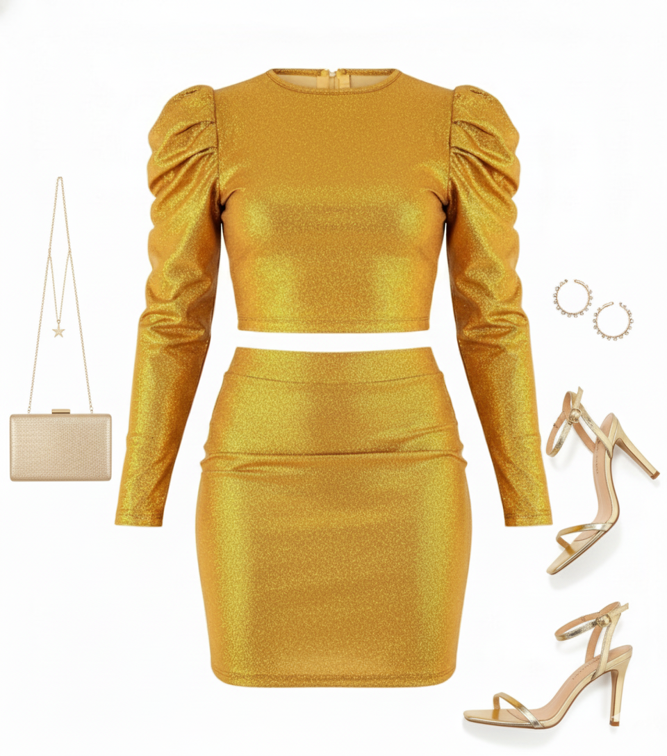Conjunto de falda corta y blusa que resalta tu brillo con estilo audaz