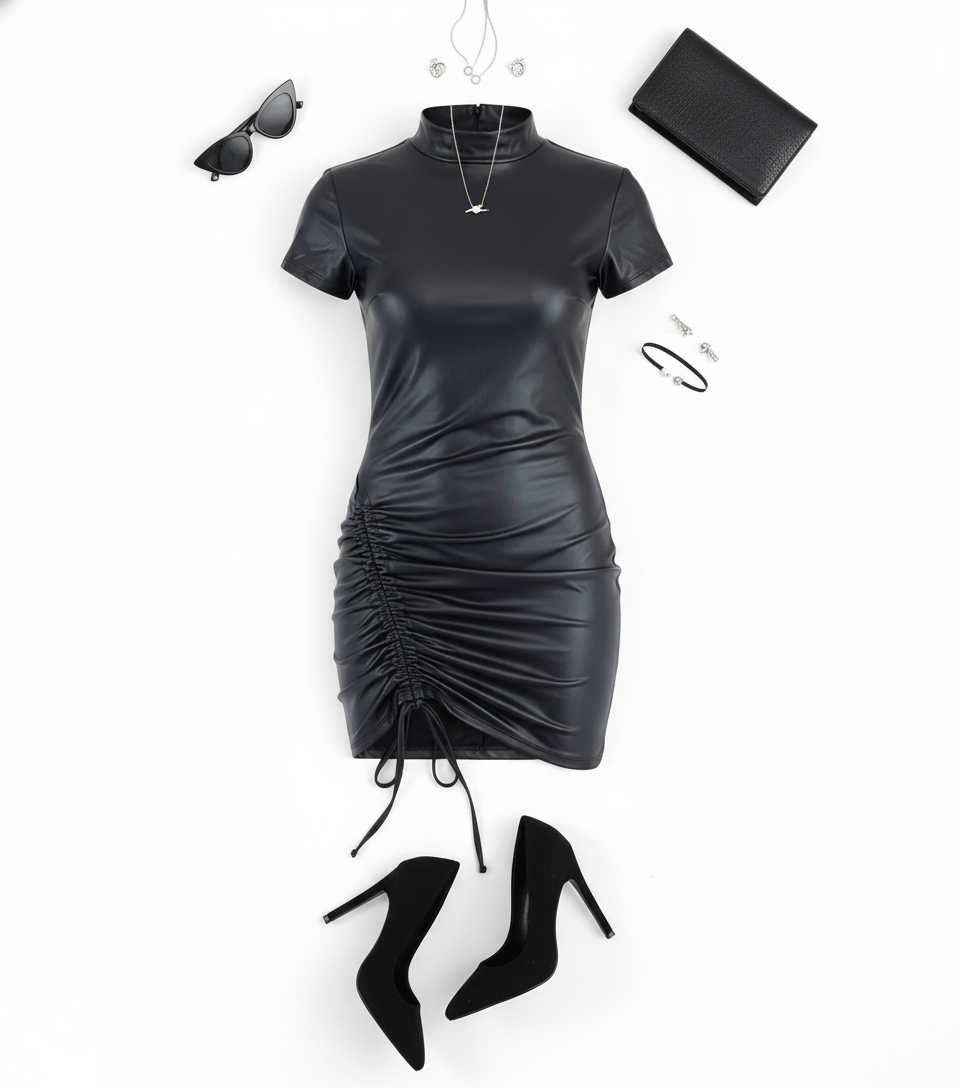 Minivestido entallado con cuello tortuga y fruncido lateral en efecto vinil