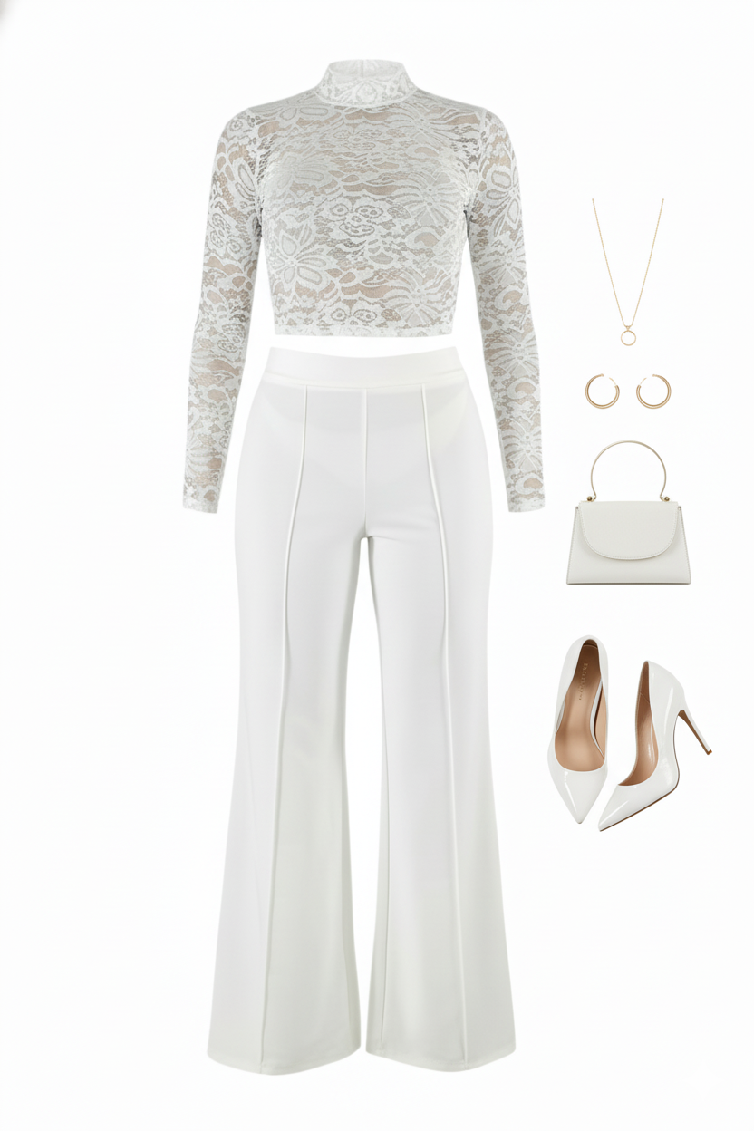 Conjunto pantalón y blusa de encaje que estiliza con delicadeza estructurada