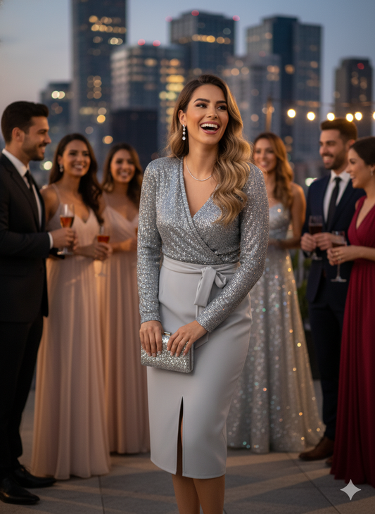 Vestido 3/4 con brillo que enmarca tu cintura y deslumbra al instante