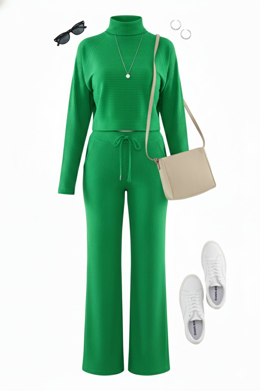 Conjunto cómodo con cuello tortuga que estiliza con textura sutil y corte relajado