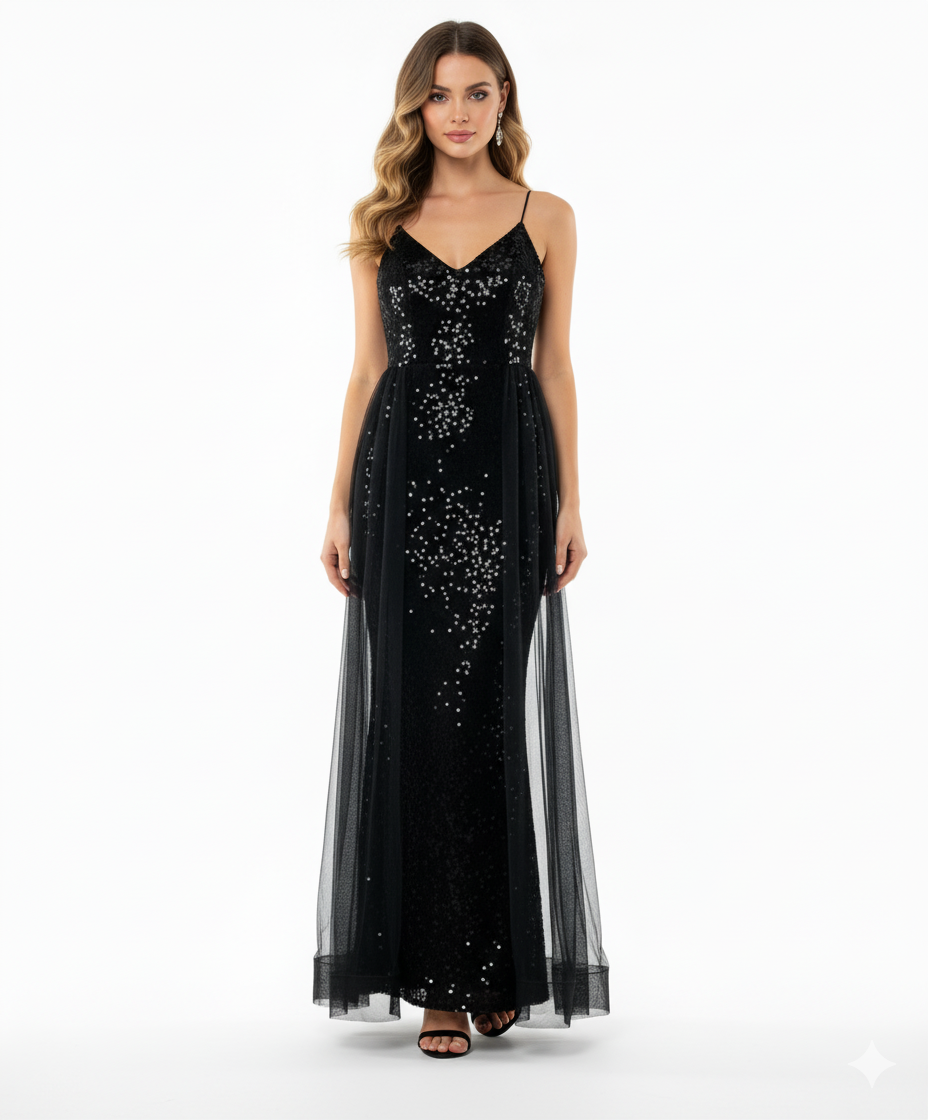 Vestido largo con escote corazón y caída de tul que realza tu elegancia