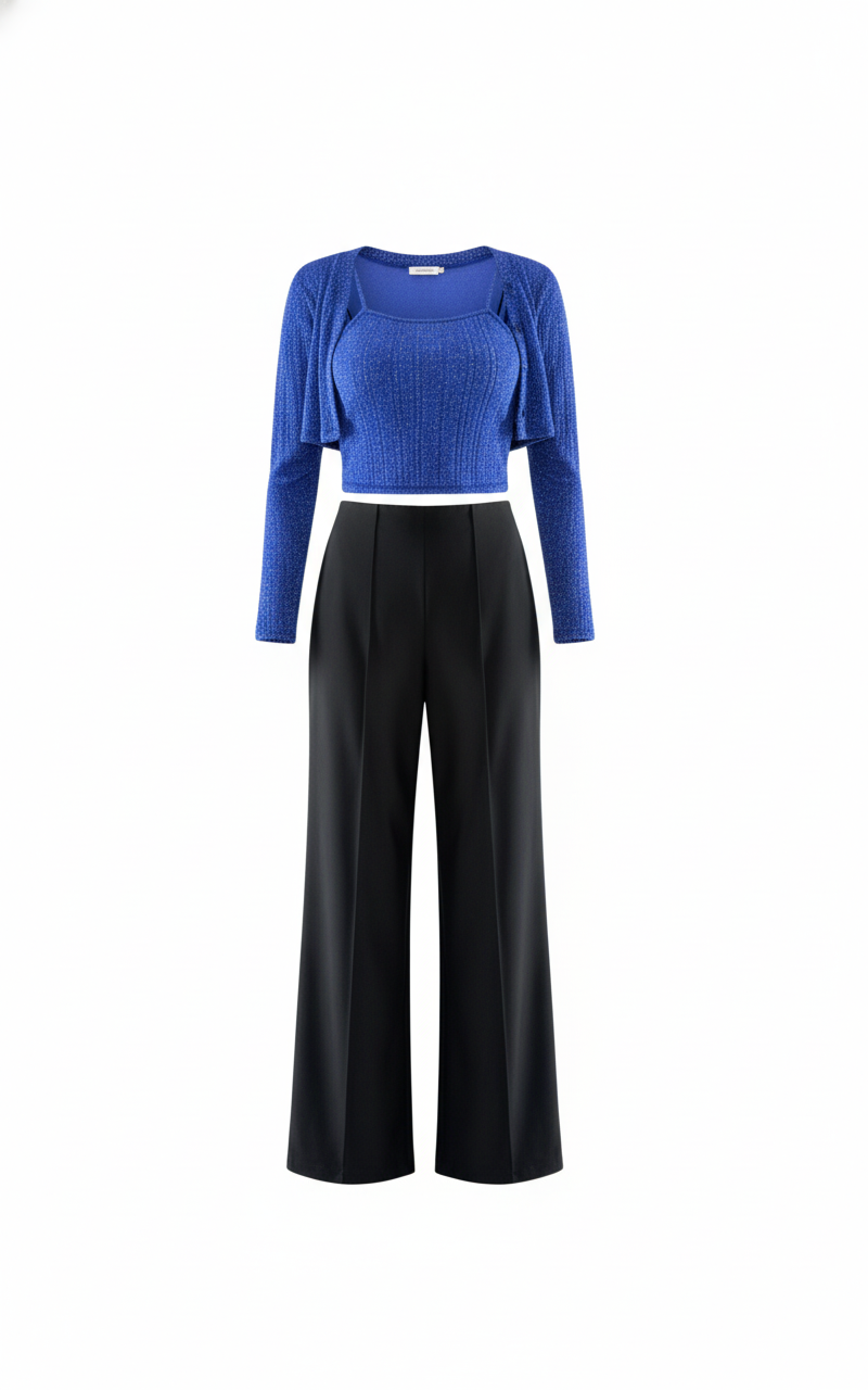 Conjunto acampanado de tres piezas con brillo sutil que estiliza tu silueta