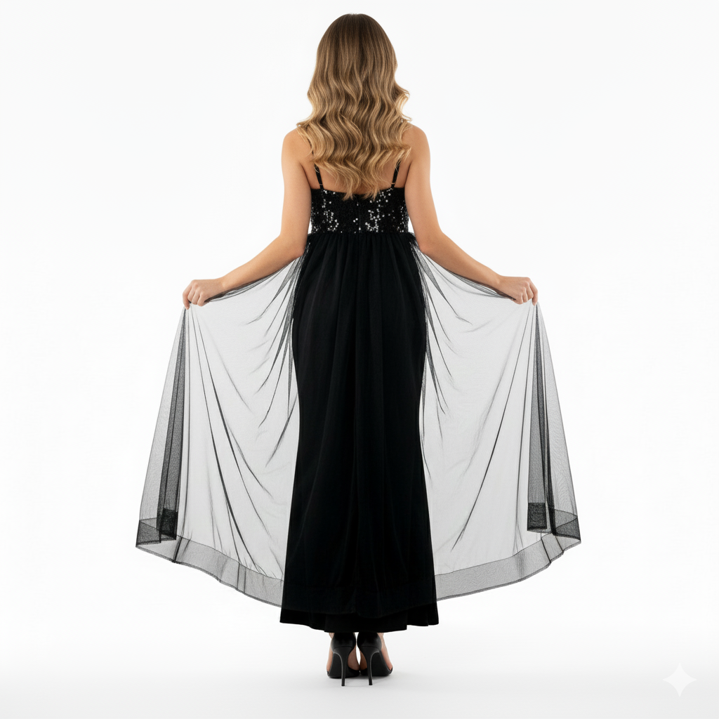 Vestido largo con escote corazón y caída de tul que realza tu elegancia