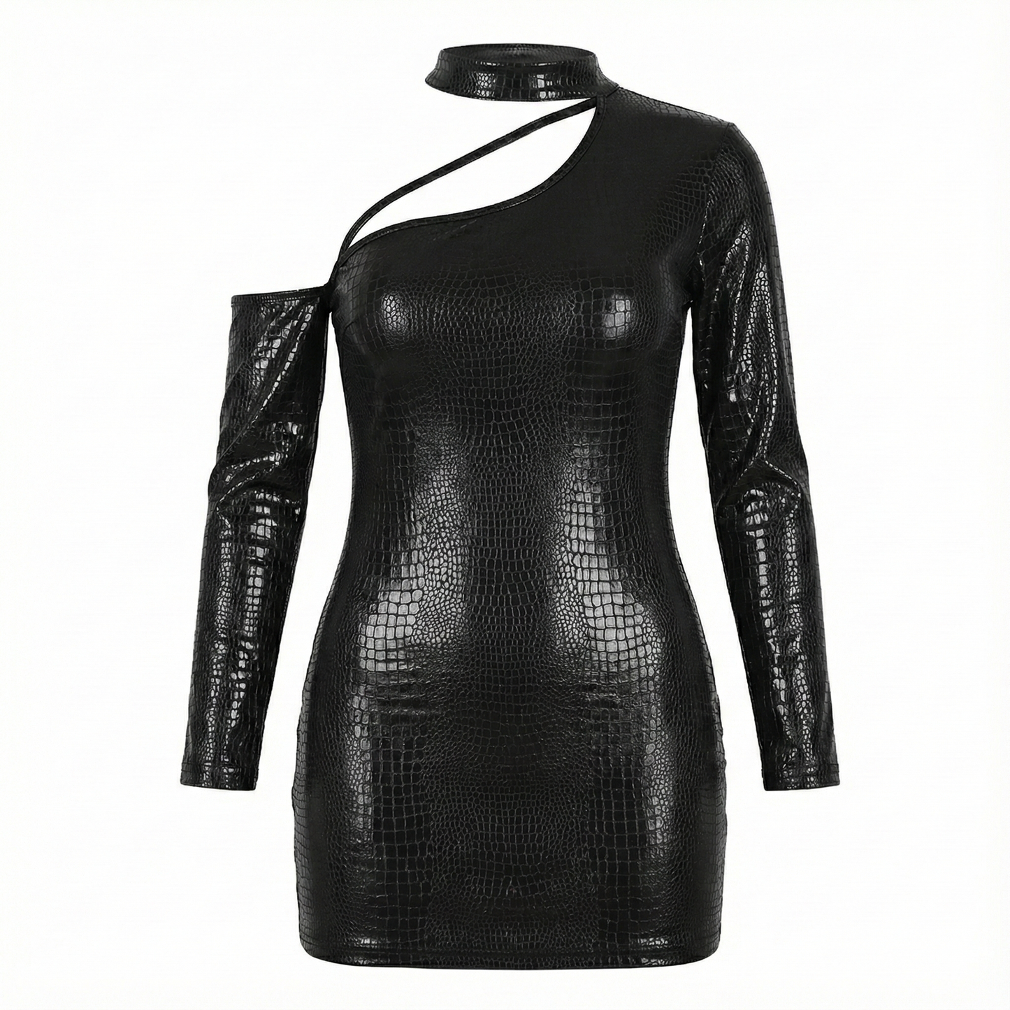 Minivestido con escote asimétrico que brilla con glamour moderno