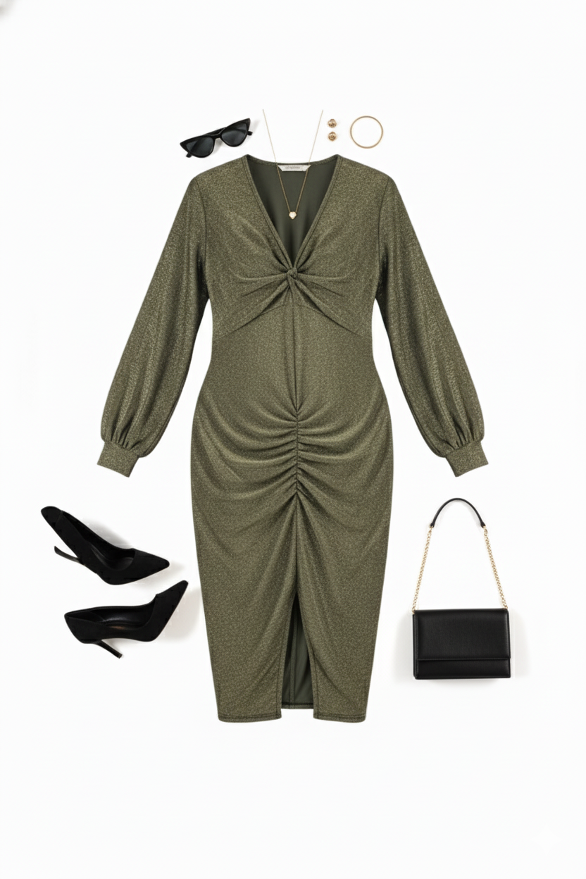 Vestido largo con escote en V que ilumina tu presencia con elegancia metálica