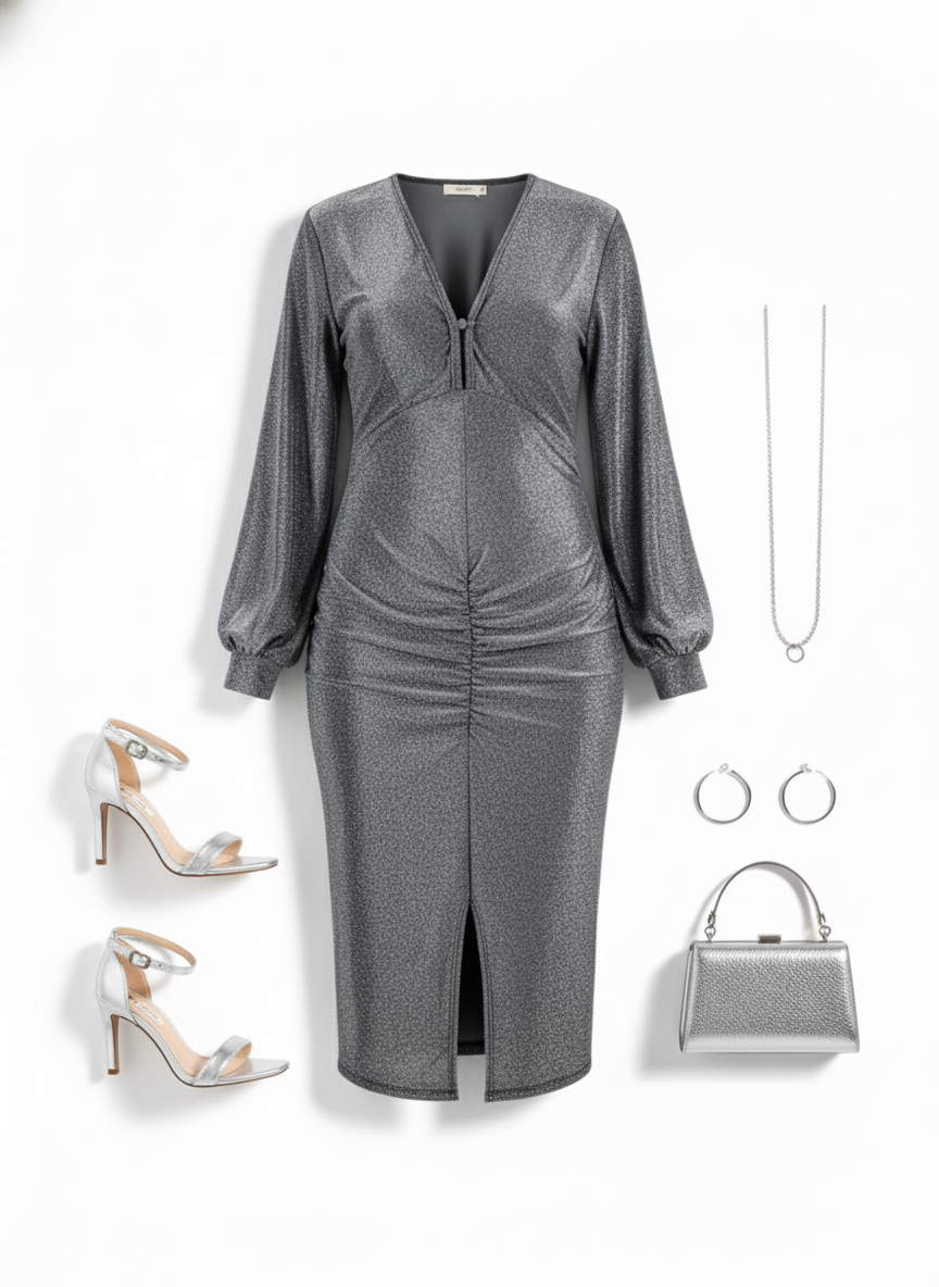 Vestido largo con escote en V que ilumina tu presencia con elegancia metálica