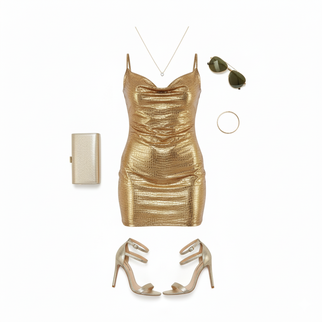 Minivestido metálico con escote que potencia tu brillo interior
