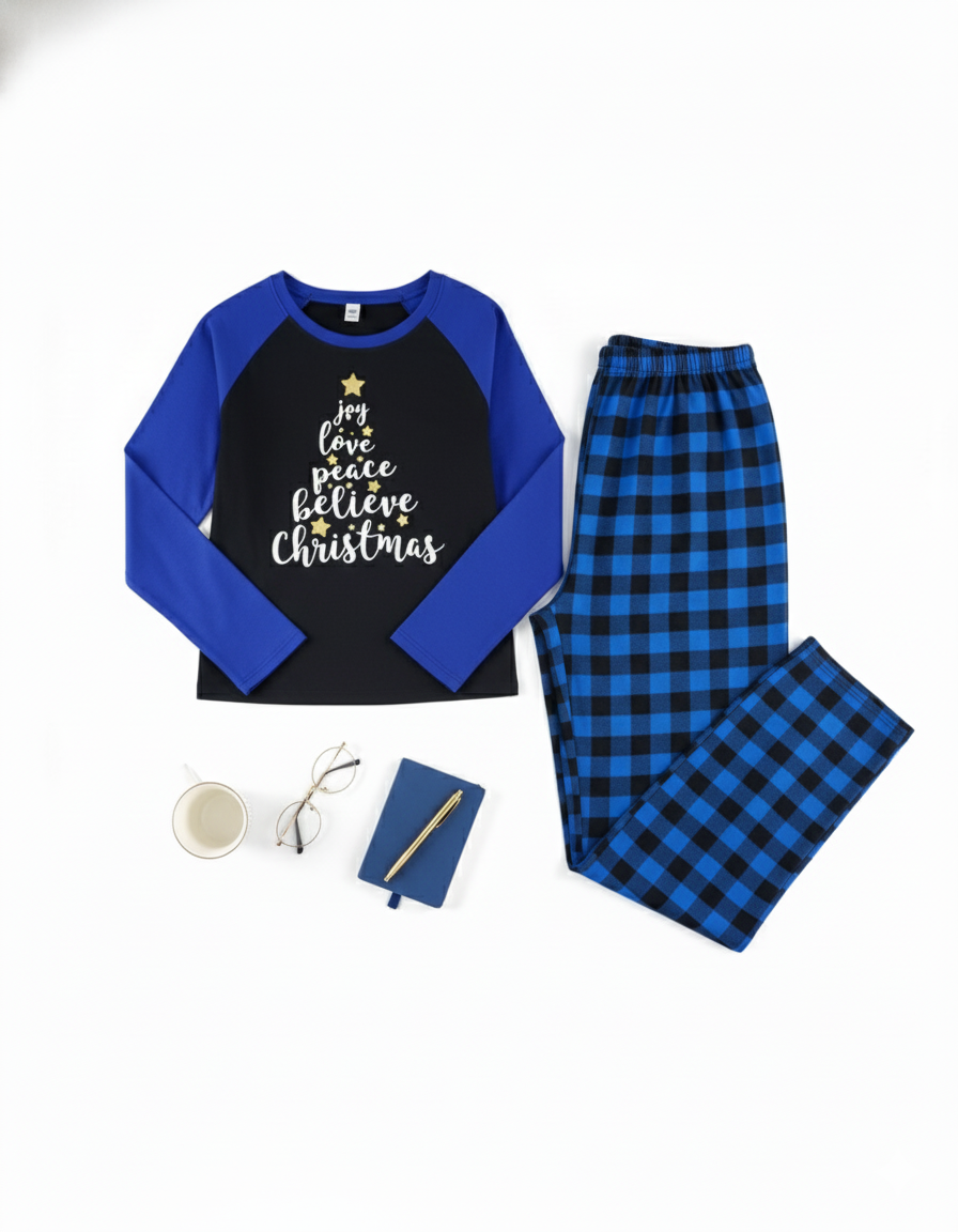 Pijama de dos piezas con mensaje navideño y cuadros que abrazan tu comodidad