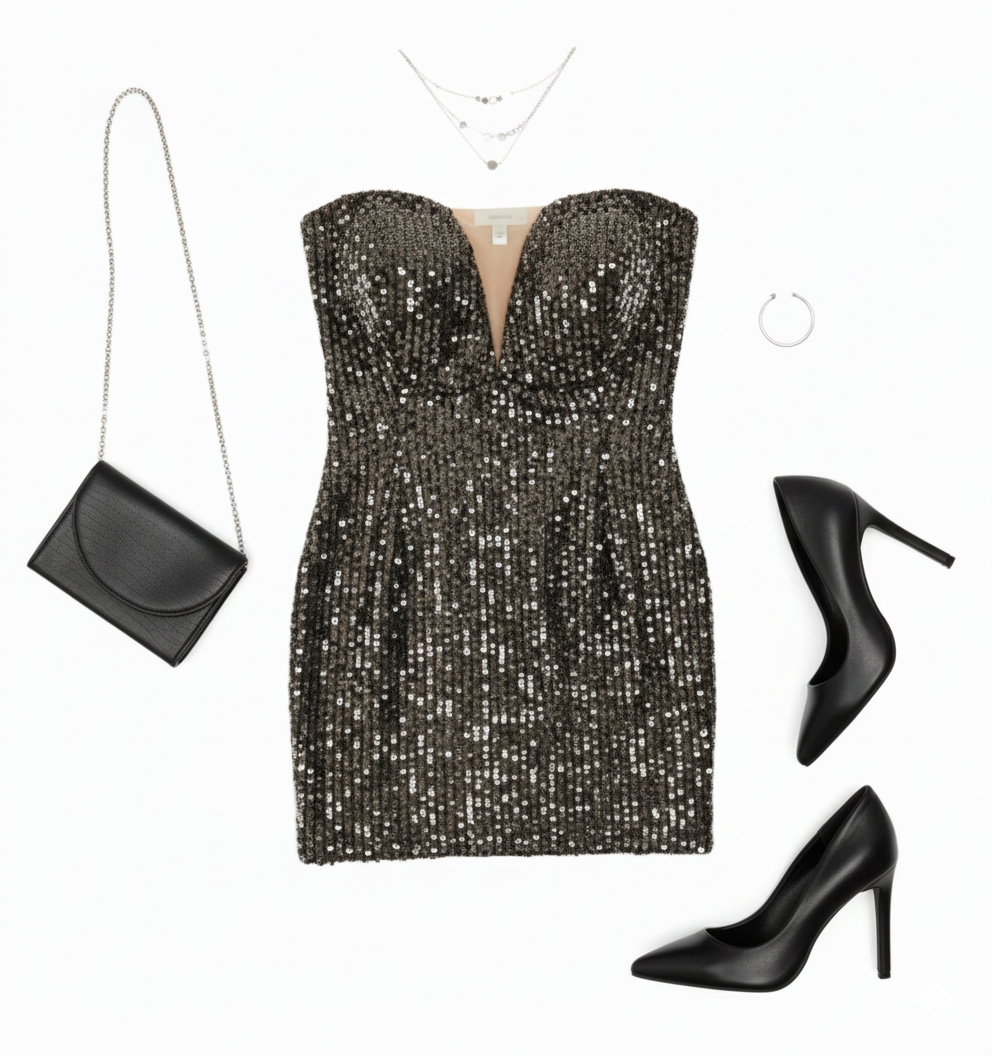 Minivestido strapless de lentejuelas que roba miradas con sensualidad festiva