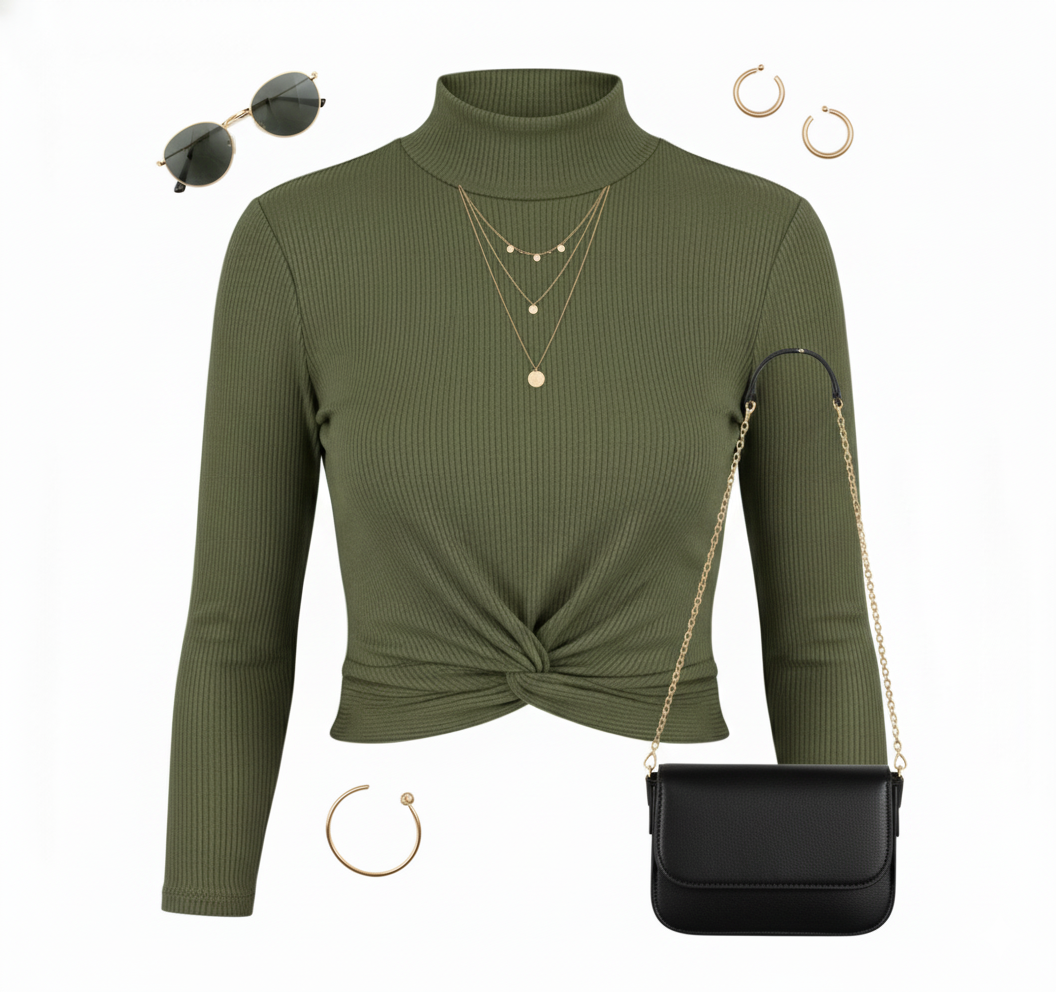 Crop top cruzado con cuello alto que realza el torso con elegancia sensual