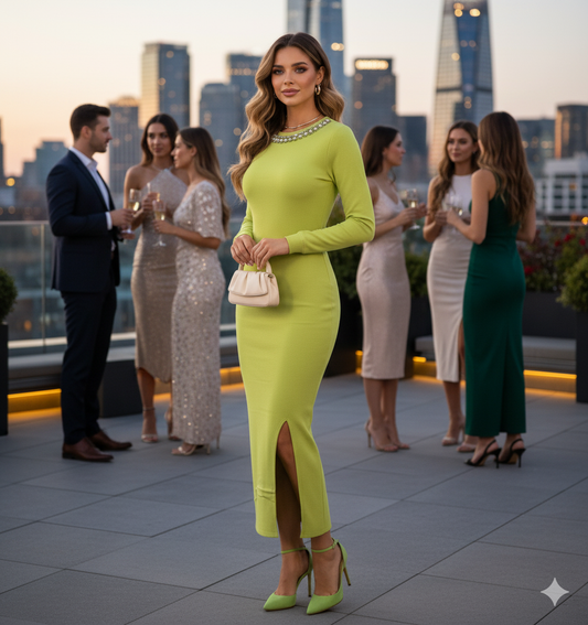 Vestido largo con brillo en el cuello que estiliza con elegancia minimalista