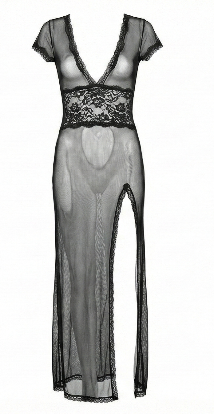 Bata larga de encaje y transparencias que acaricia tu silueta con elegancia sensual