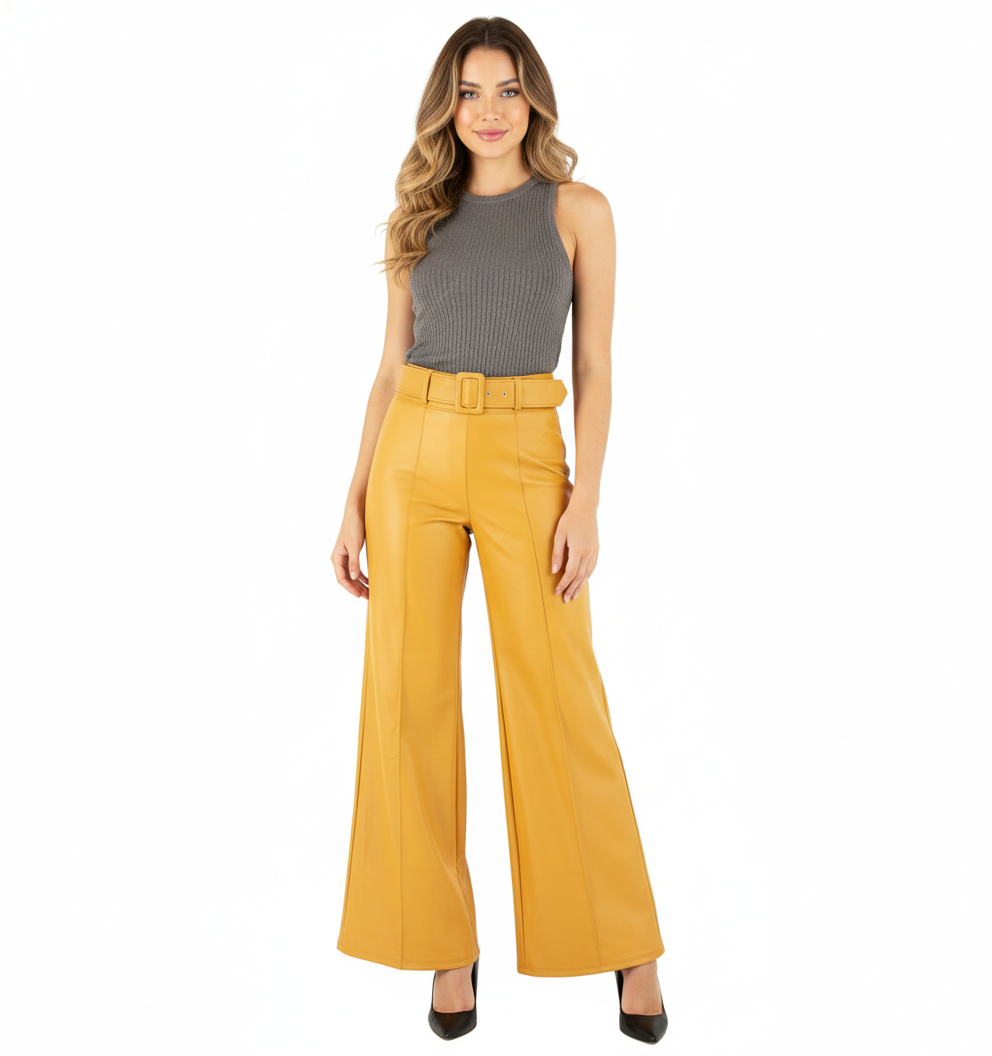 Pantalón acampanado con efecto vinilado que alarga tu silueta con estilo audaz