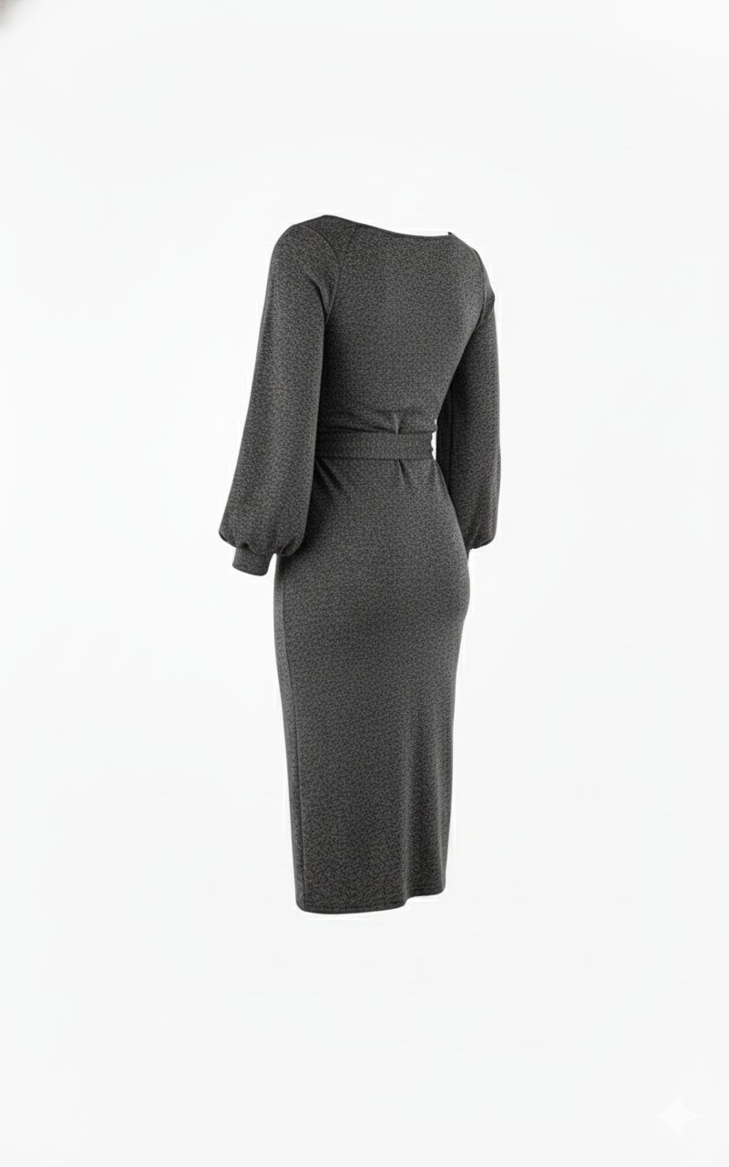 Vestido manga larga con brillo sutil que define tu cintura con elegancia relajada