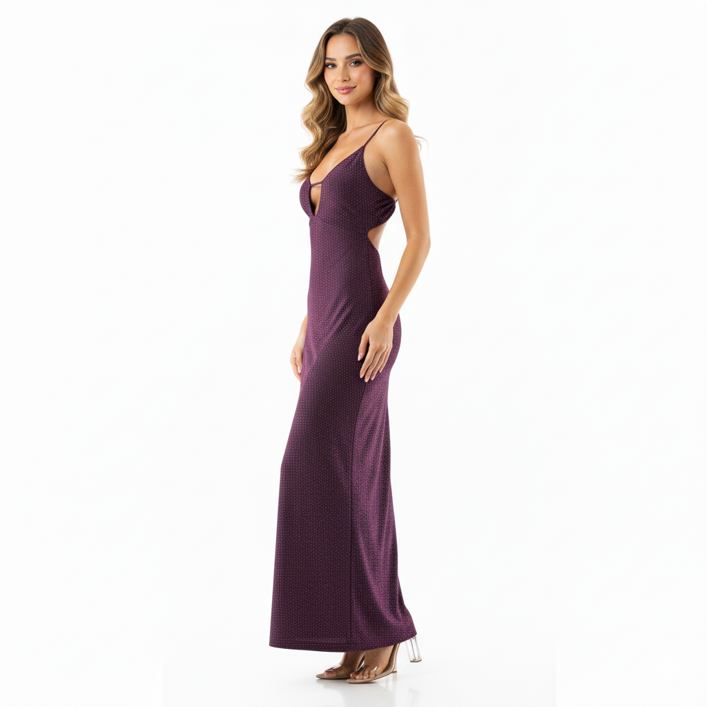 Vestido largo de tirantes con caída fluida y brillo discreto