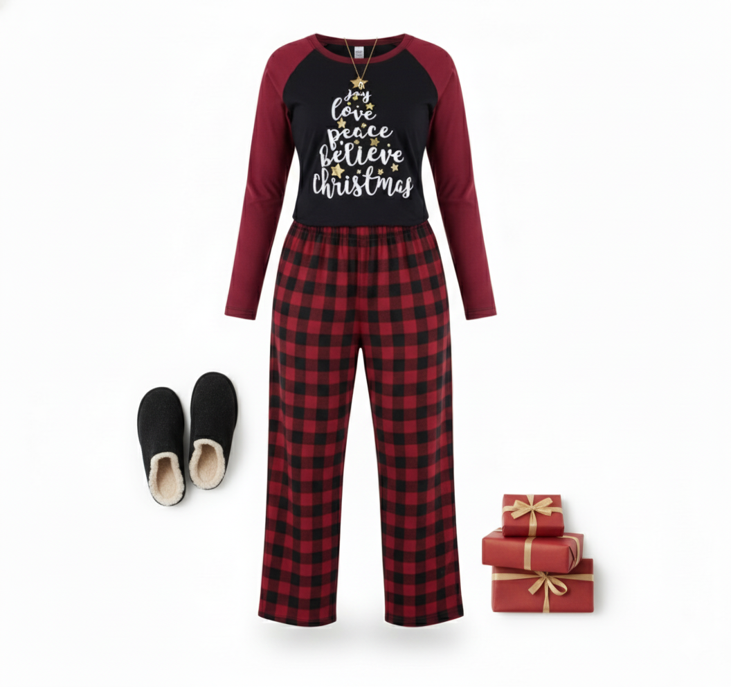 Pijama de dos piezas con mensaje navideño y cuadros que abrazan tu comodidad