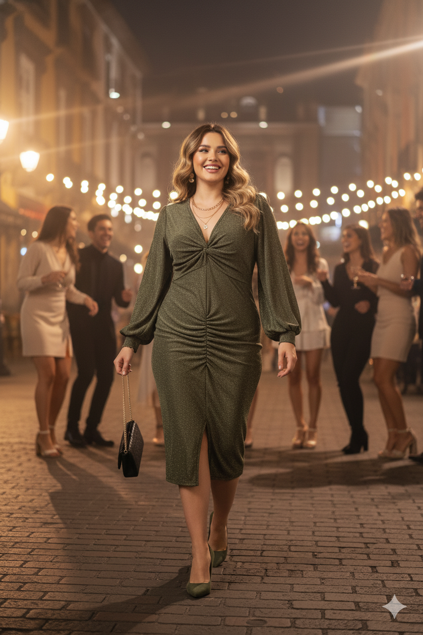 Vestido largo con escote en V que ilumina tu presencia con elegancia metálica