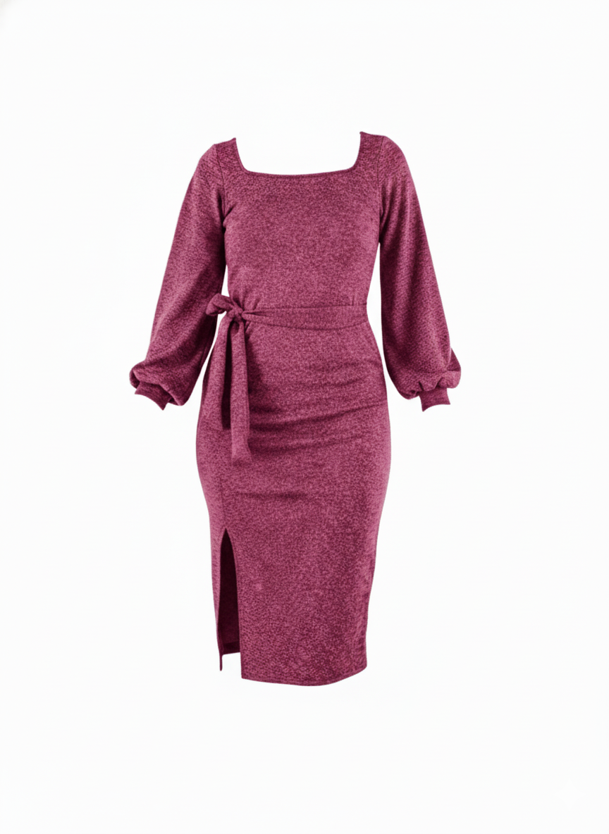 Vestido manga larga con brillo sutil que define tu cintura con elegancia relajada