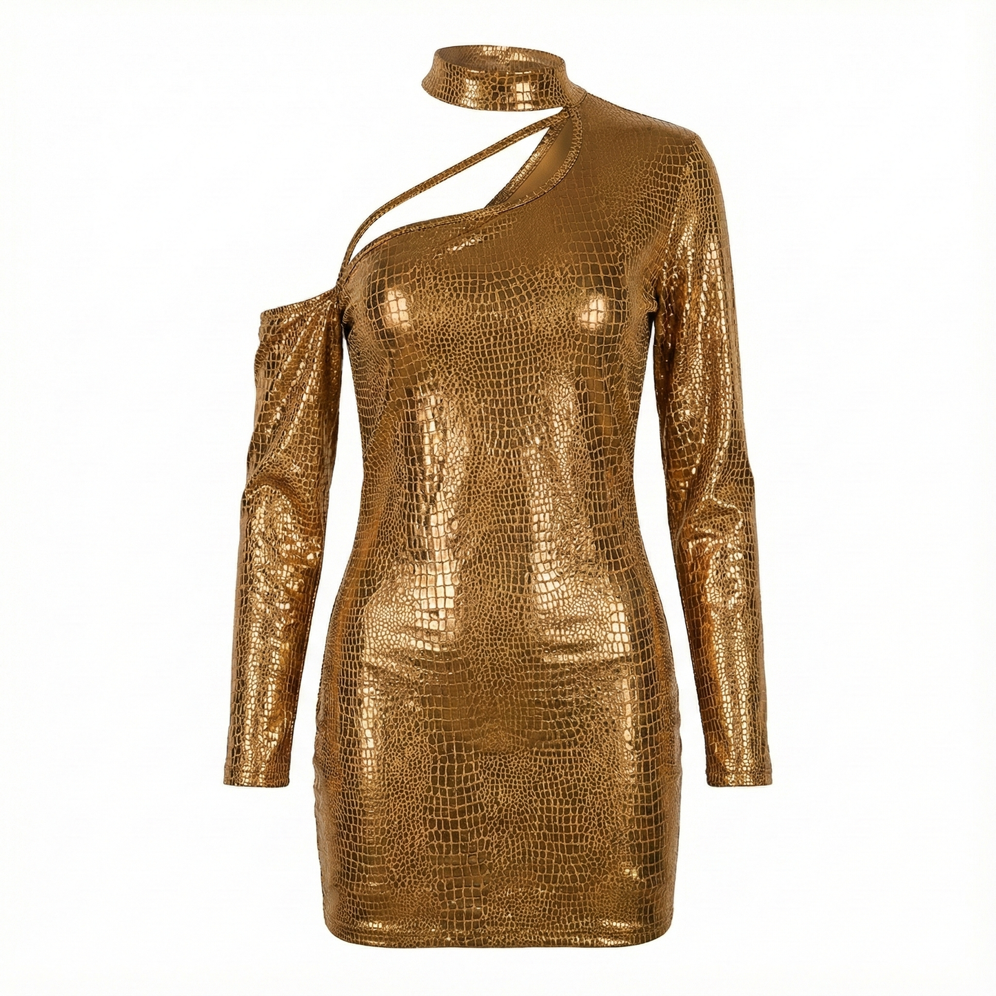 Minivestido con escote asimétrico que brilla con glamour moderno