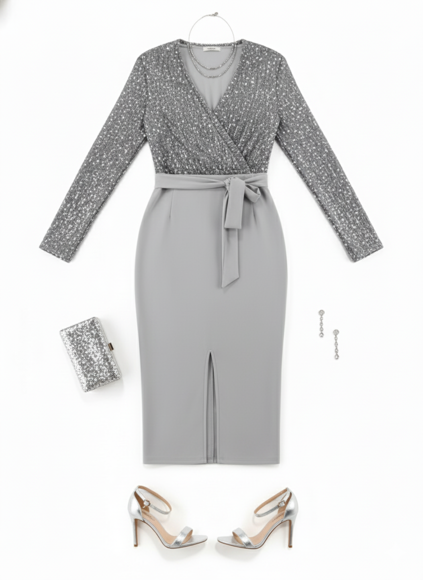 Vestido 3/4 con brillo que enmarca tu cintura y deslumbra al instante