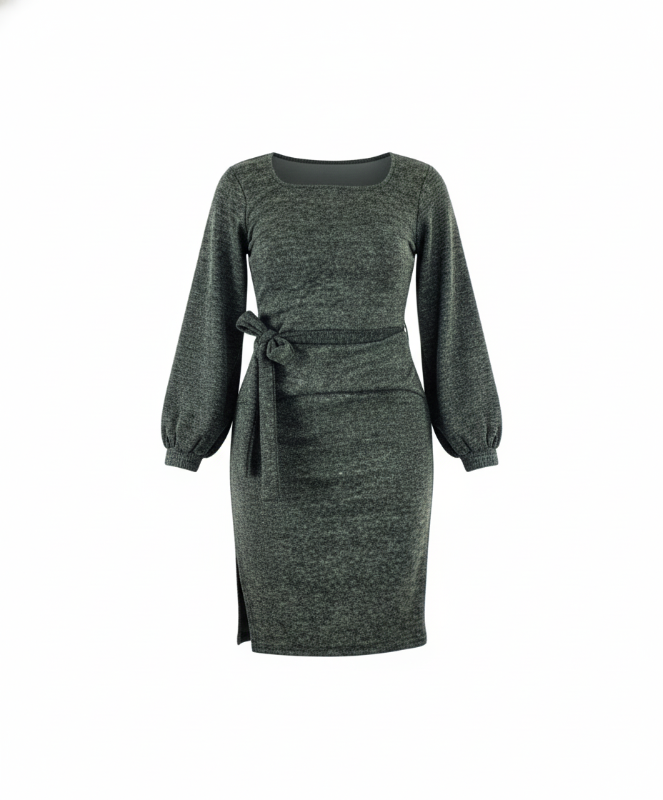 Vestido manga larga con brillo sutil que define tu cintura con elegancia relajada