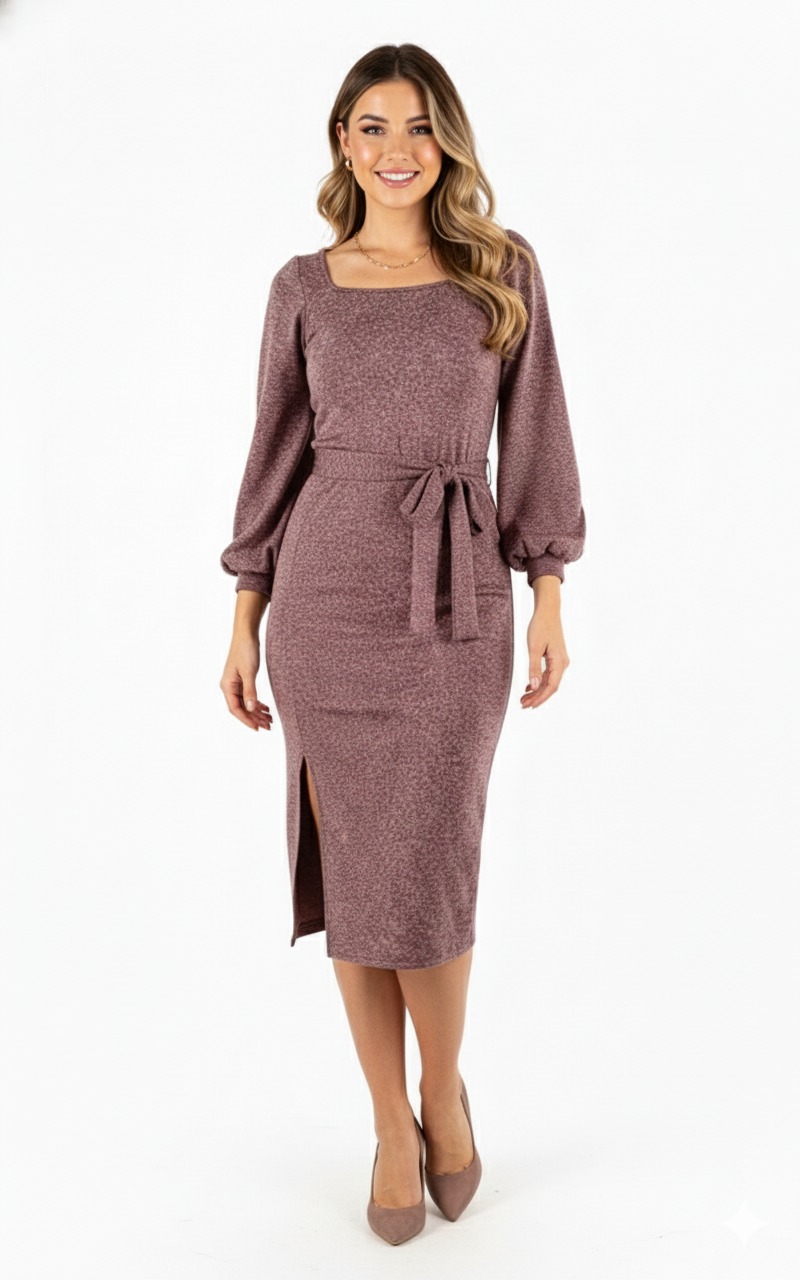 Vestido manga larga con brillo sutil que define tu cintura con elegancia relajada